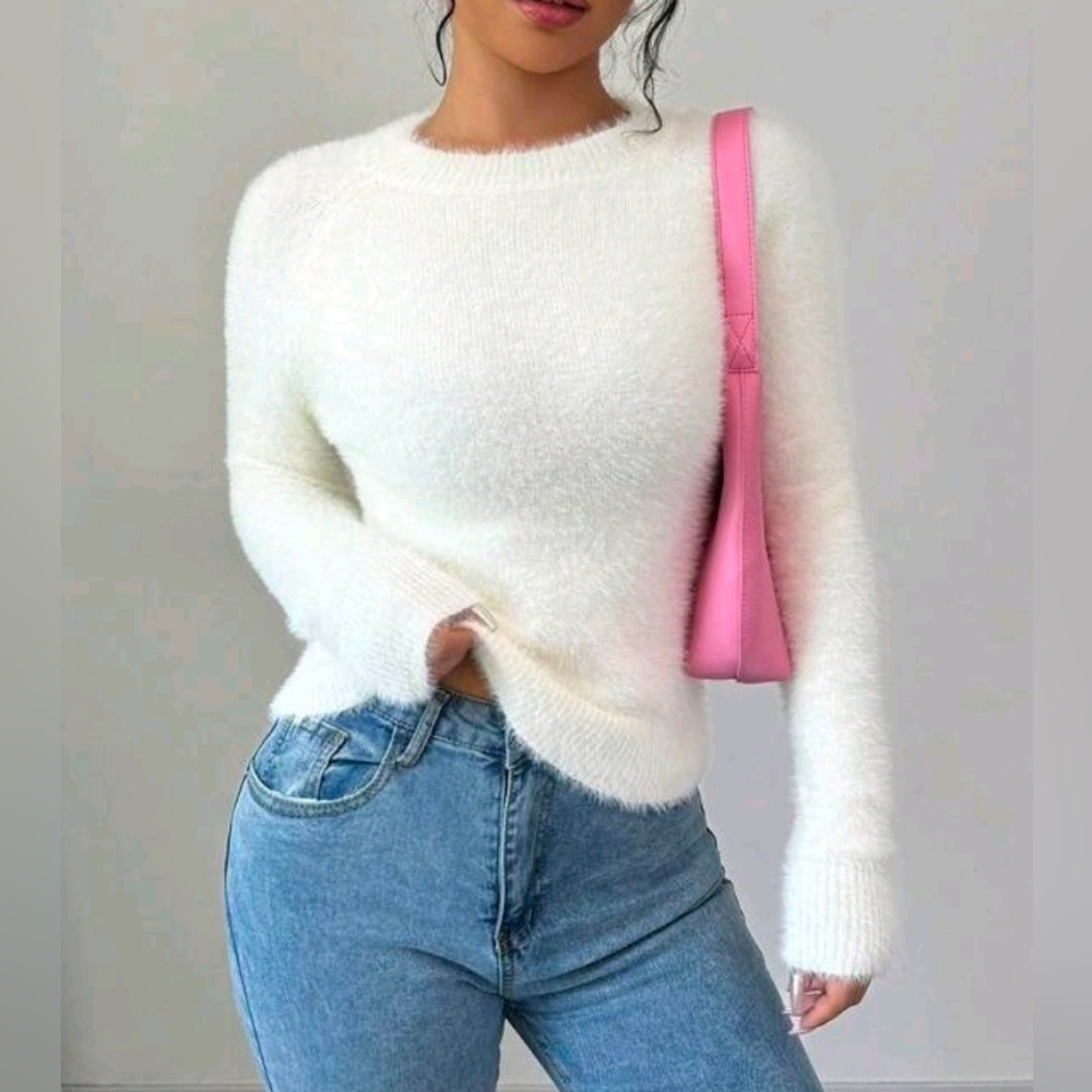 New Luxe Fluffy Knit Crew Neck Sweater Top Off White Winter